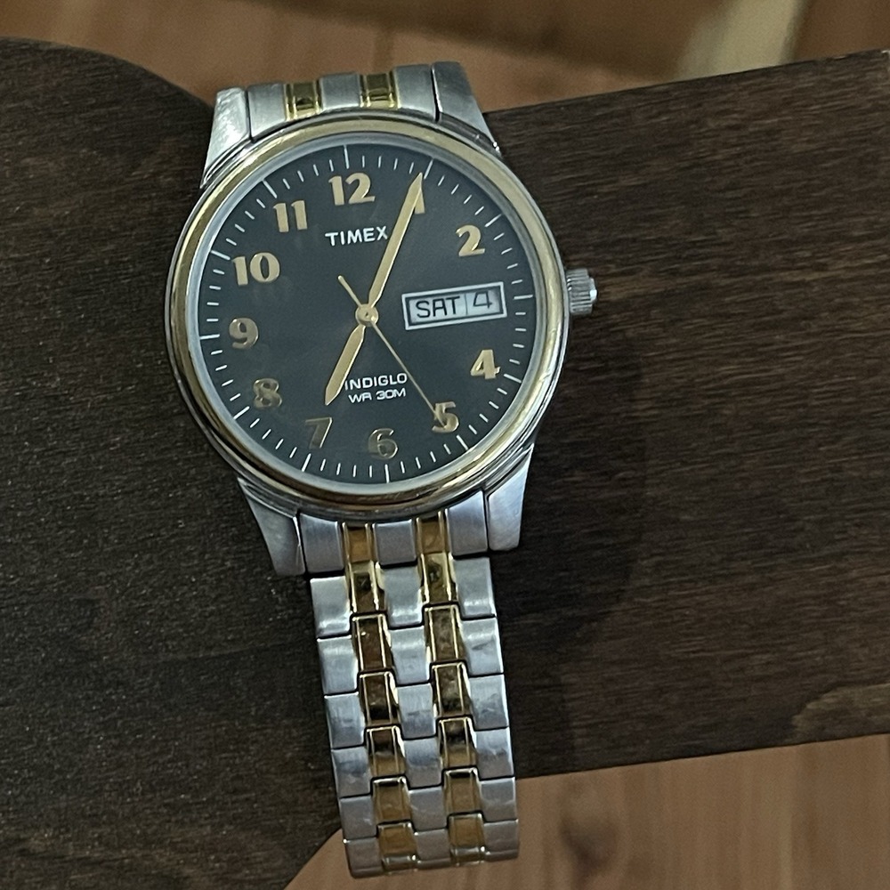 Timex Easy Reader Watch Men Indiglo 35mm Black Dial Day Date Stretch